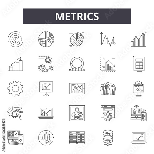 Metrics line icons, signs set, vector. Metrics outline concept illustration: web,graph,business,chart,metrics,concept,metric