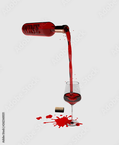 Bottiglia di vino rosè con bicchiere e macchie, su fondo neutro, immagine 3D, illustrazione