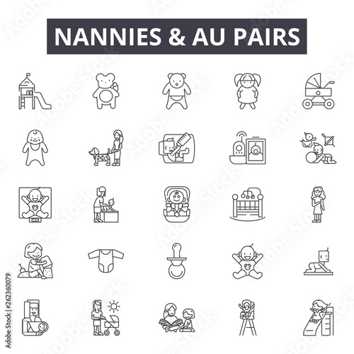 Nannies and au pairs line icons, signs set, vector. Nannies and au pairs outline concept illustration: babysitter,nanny,child,care,baby,au pair,logo