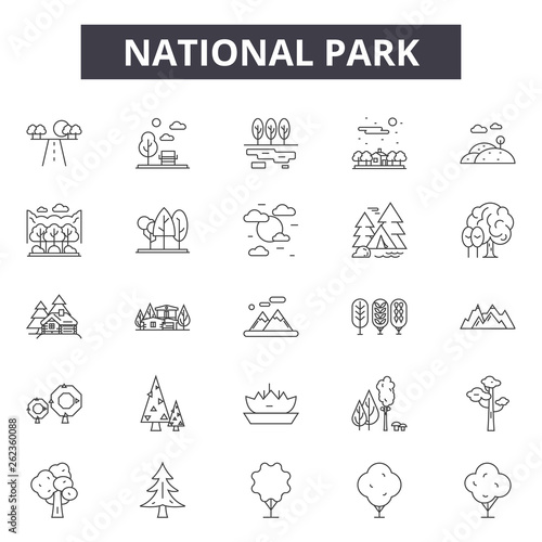 National park line icons, signs set, vector. National park outline concept illustration: park,nature,national,travel,design