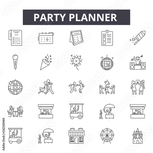 Party planner line icons, signs set, vector. Party planner outline concept illustration: party,planner,dewedding,background,cake