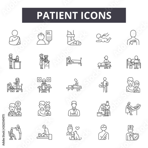 Patient line icons, signs set, vector. Patient outline concept illustration: patient,medical,care,hospital,health,doctor,medicine,nurse