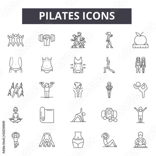 Pilates line icons, signs set, vector. Pilates outline concept illustration: pilates,health,yoga,exercise,fitness,sport,healthy,body