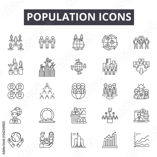 Population line icons, signs set, vector. Population outline concept illustration: population,people,team,group,person,business