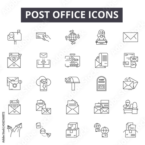 Post office line icons, signs set, vector. Post office outline concept illustration: office,mail,post,communication,envelope,email,message