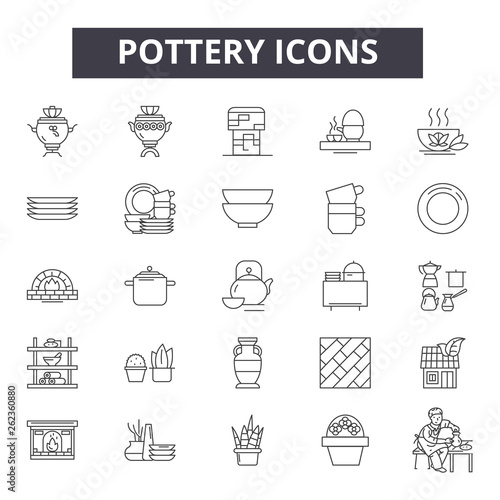 Pottery line icons, signs set, vector. Pottery outline concept illustration: pottery,pot,decoration,clay,vase,design