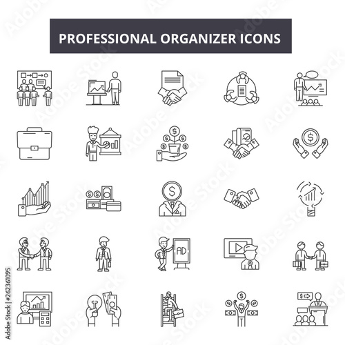 Professional organizer line icons, signs set, vector. Professional organizer outline concept illustration: organizer,professional,paper,business,deoffice
