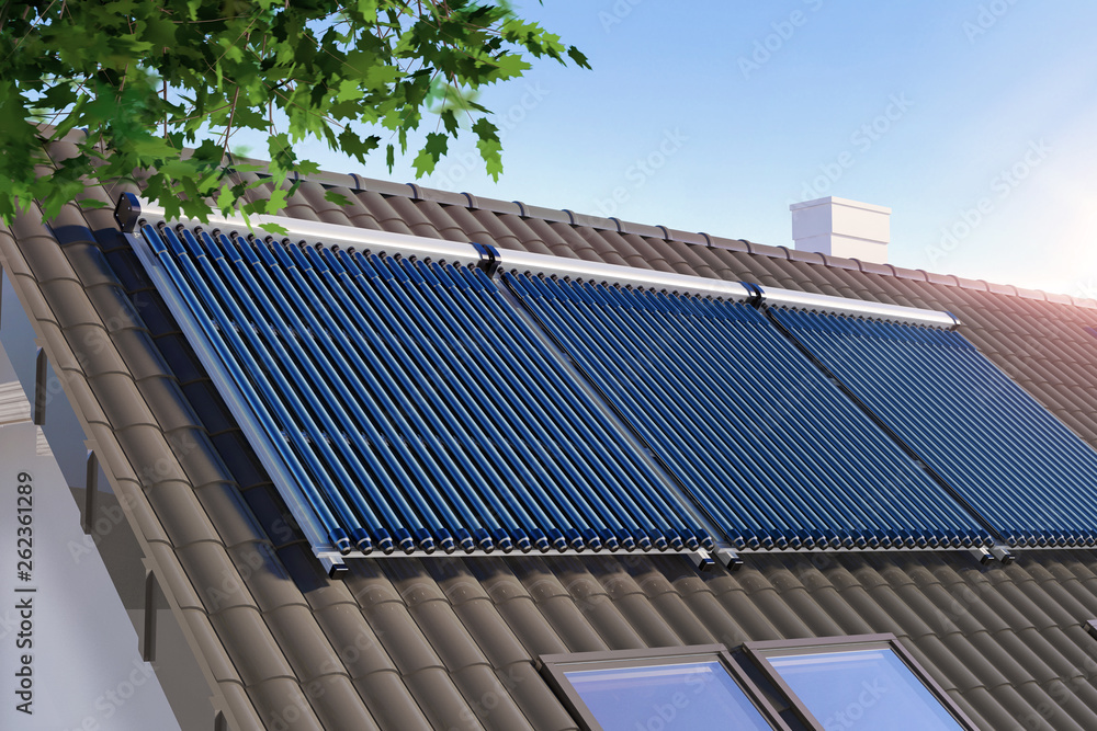Solar water heater on the roof - 3D illustration - obrazy, fototapety, plakaty 