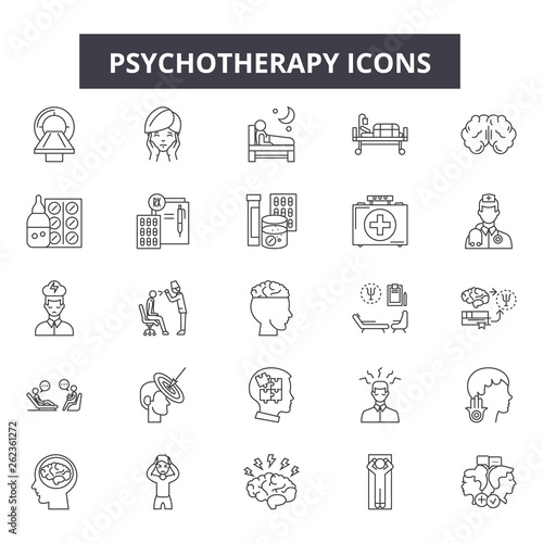 Psychotherapy line icons, signs set, vector. Psychotherapy outline concept illustration: psychotherapy,psychology,health,brain,therapy,psychologist,concept