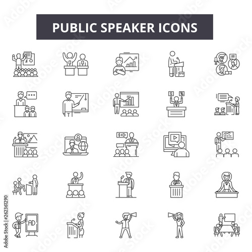 Public speaker line icons, signs set, vector. Public speaker outline concept illustration: speaker,public,business,conference,speech,presentation,communication