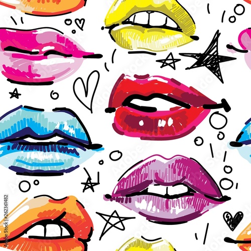 Seamless pattern with female lips. Makeup, cosmetics. Lovely smiles. Multicolored lips, female pattern. Drawing markers, pop art.