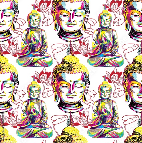 Buddha seamless pattern. Buddhism, yoga. Figure markers. Pop Art. Bright print, colored spots. Freehand drawing.