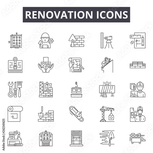 Renovation line icons, signs set, vector. Renovation outline concept illustration: home,house,renovation,repair,building,construction,design photo