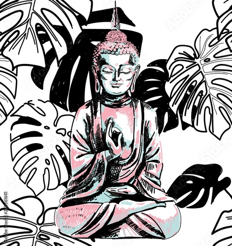 Stylish seamless pattern with buddha. Nice colors, tropical plants. Exotic, Asian background.