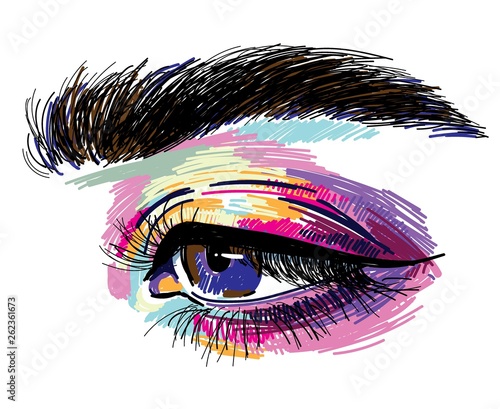 Women's eyes. Multicolored drawing with markers. Long eyelash, gentle look. Freehand drawing.