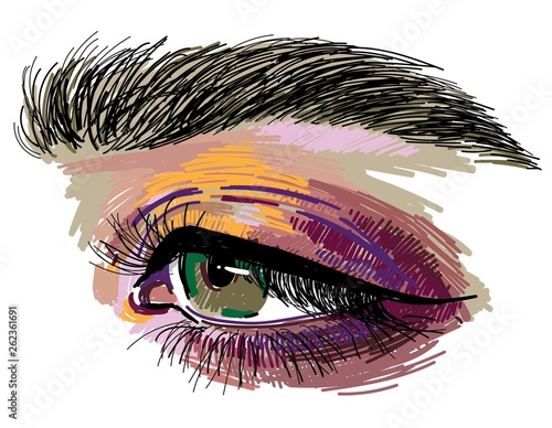 Women's eyes. Multicolored drawing with markers. Long eyelash, gentle look. Freehand drawing.
