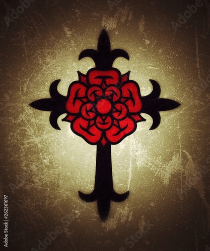Rosenkreuz (Cross with Rose). Sacral mystical symbol of The Rosicrucians (Rosenkreuzer), The Emblem of Medieval secret society. (Alternate grunge vintage remake). photo