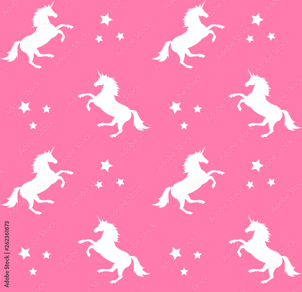 Fototapeta premium Vector seamless pattern of white unicorn silhouette isolated on pink background