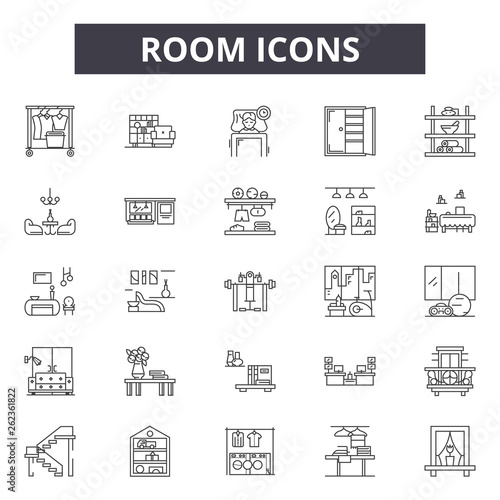 Room line icons, signs set, vector. Room outline concept illustration: room,office,interior,defurniture