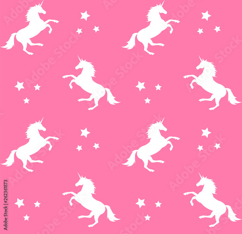 Vector seamless pattern of white unicorn silhouette isolated on pink background