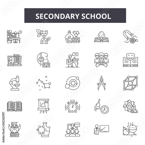 Secondary school line icons, signs set, vector. Secondary school outline concept illustration: school,education,university,college,secondary,isolated