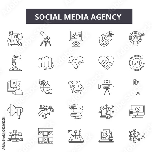 Social media agency line icons, signs set, vector. Social media agency outline concept illustration: business,agency,social,media,demarketing,flat,technology,web