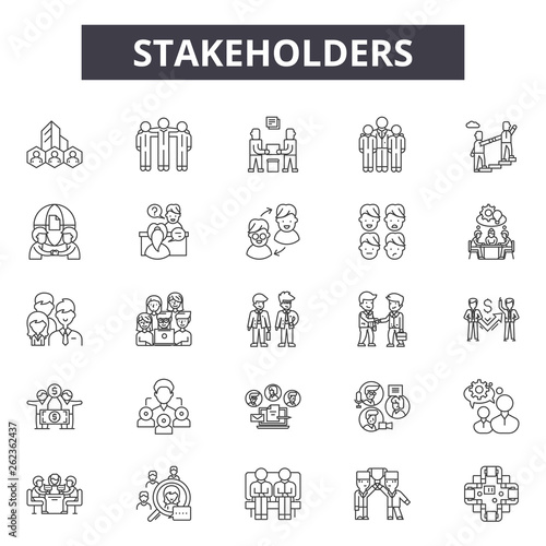 Stakeholders line icons, signs set, vector. Stakeholders outline concept illustration: business,management,stakeholder,interaction,relationship,outdevelopment,service