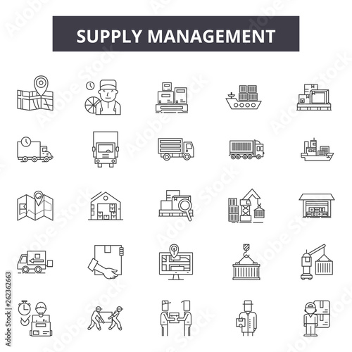 Supply management line icons, signs set, vector. Supply management outline concept illustration: business,management,supply,industry,warehouse,delivery,chain