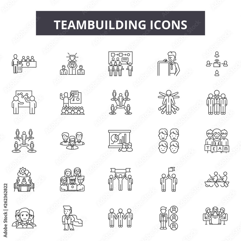 Teambuilding line icons, signs set, vector. Teambuilding outline ...