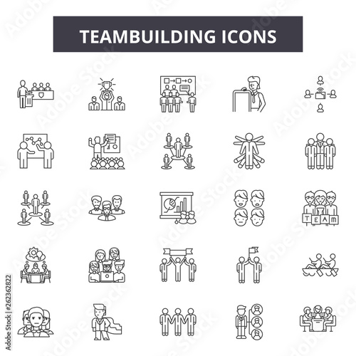 Teambuilding line icons, signs set, vector. Teambuilding outline concept illustration: teamwork,team,cooperation,teambuilding,business,partnership,work,connection
