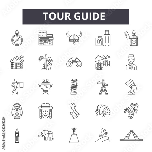 Tour guide line icons, signs set, vector. Tour guide outline concept illustration: guide,tour,travel,tourism,vacation,tourist