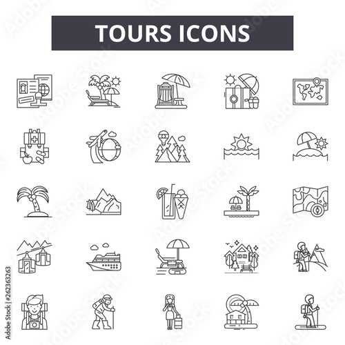 Tours line icons, signs set, vector. Tours outline concept illustration: tour,travel,camera,tourism