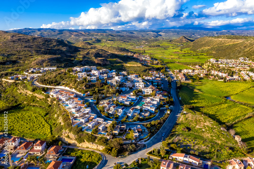 Bird's eye view of residential houses and villas at Pissouri bay, a village in Limassol District, Cyprus