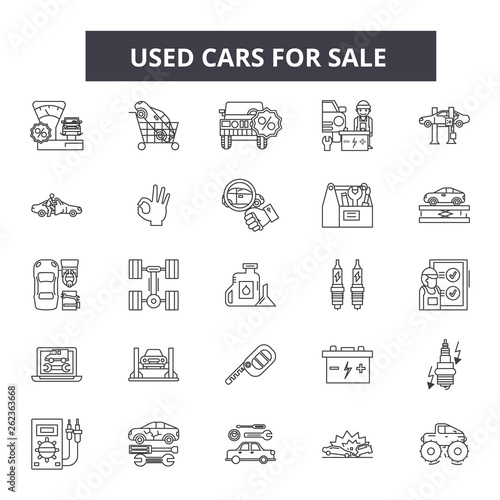 Used cars for sale line icons, signs set, vector. Used cars for sale outline concept illustration: used,car,vehicle,sale,automobile,deauto,transportation,service