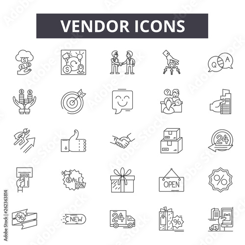 Vendor line icons, signs set, vector. Vendor outline concept illustration: vendor,business,cart,shop,store,isolated,market,sale
