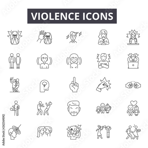 Violence line icons, signs set, vector. Violence outline concept illustration: violence,crime,people,hand,abuse