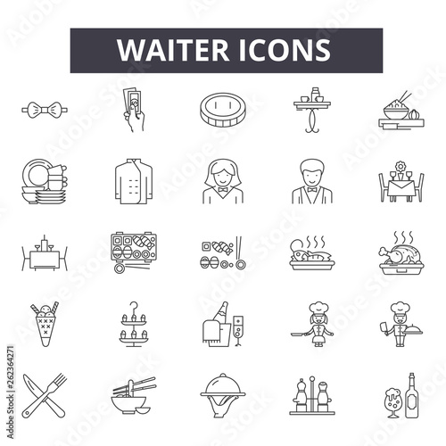 Waiter line icons, signs set, vector. Waiter outline concept illustration: food,waiter,restaurant,dinner,dish,plate,menu