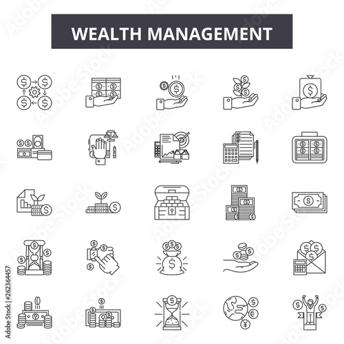 Wealth management line icons, signs set, vector. Wealth management outline concept illustration: wealth,business,finance,money,management,financial,investment,cash,profit,income