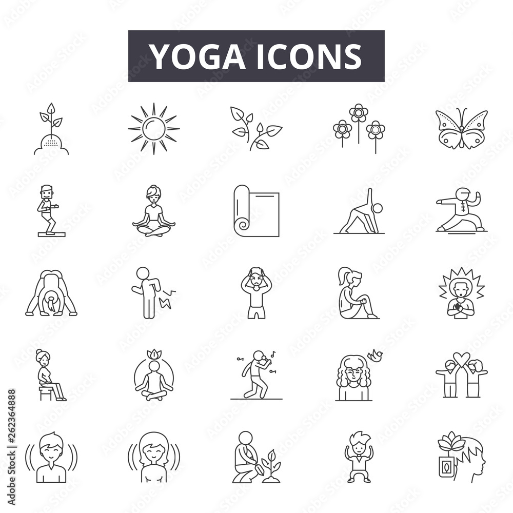 Yoga line icons, signs set, vector. Yoga outline concept illustration: yoga,body,exercise,health,relaxation,fitness,lifestyle,sport,meditation - obrazy, fototapety, plakaty 