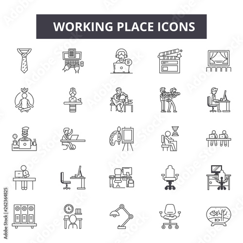 Working place line icons, signs set, vector. Working place outline concept illustration: work,office,business,place,computer,deweb,workplace