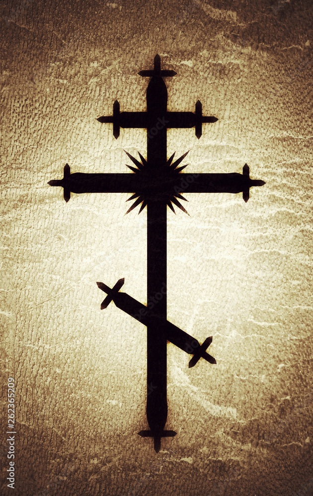 The Greek-Catholic Orthodox eight-pointed Cross. Christian symbol of The Faith, Redemption and Absolution of sins, Resurrection of The Dead, and Everlasting Salvation. (Alternate grunge vintage).