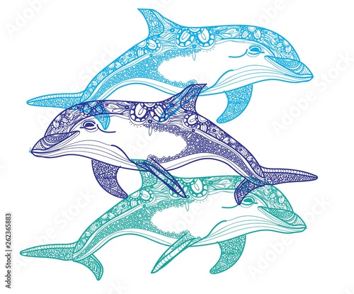 The bottlenose dolphin. Meditative coloring. Mandala, dudling drawing. Drawing by hand. Coloring for children. Points, stripes, arrows.