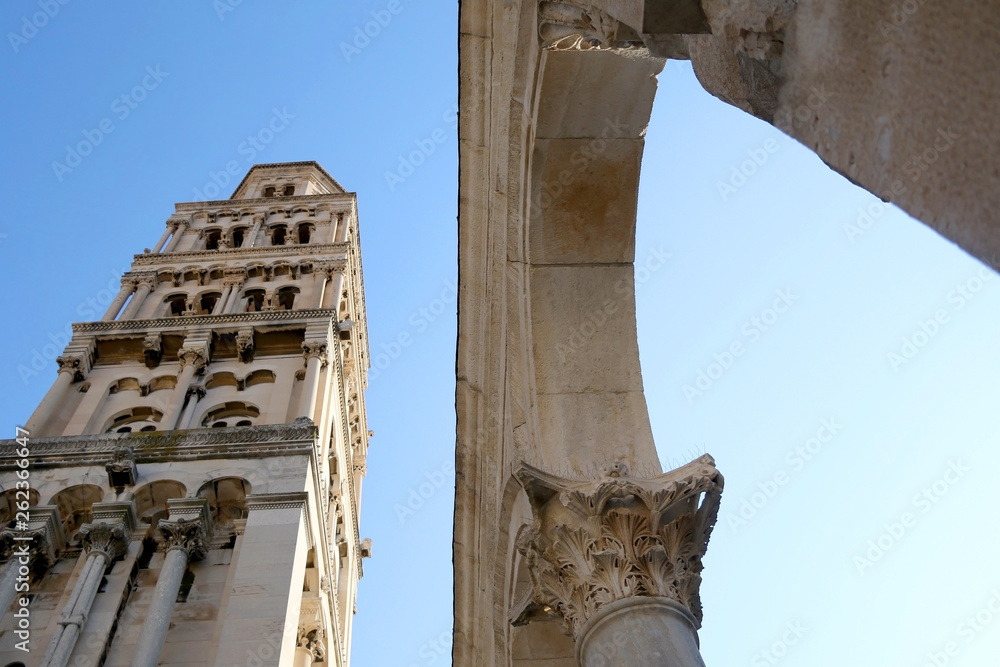 Saint Domnius cathedral and bell tower - historical landmarks in Split, Croatia. Split is popular summer travel destination and UNESCO World Heritage Site.