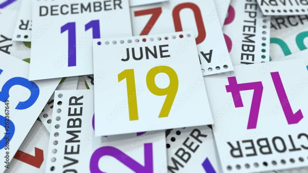 Calendar page shows June 19 date, 3D animation Calendar page shows June 19 date, 3D animation