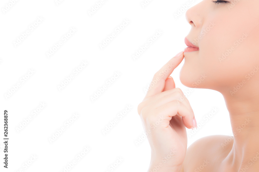 Portrait beautiful woman asian makeup of cosmetic, girl hand touch lips and mouth and smile attractive, face of beauty perfect with wellness isolated on white background with skin healthcare concept. Portrait beautiful woman asian makeup of cosmetic, girl hand touch lips and mouth and smile attractive, face of beauty perfect with wellness isolated on white background with skin healthcare concept.