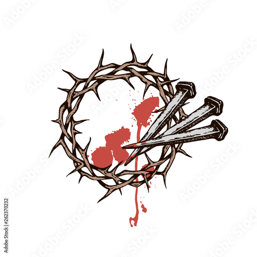 image of jesus nails with thorn crown and blood isolated on white background