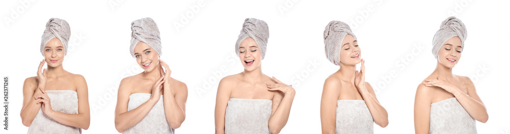Set of beautiful young woman with towels on white background Set of beautiful young woman with towels on white background