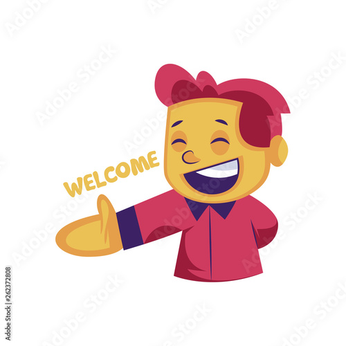 Smilling boy wth pink hair welcoming vector illustration on a white background