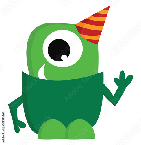 A green monster wearing a party hat vector or color illustration