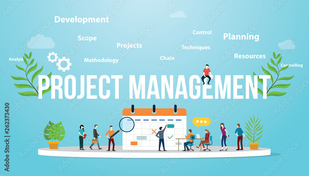 project management concept with business calendar and team people meeting together - vector